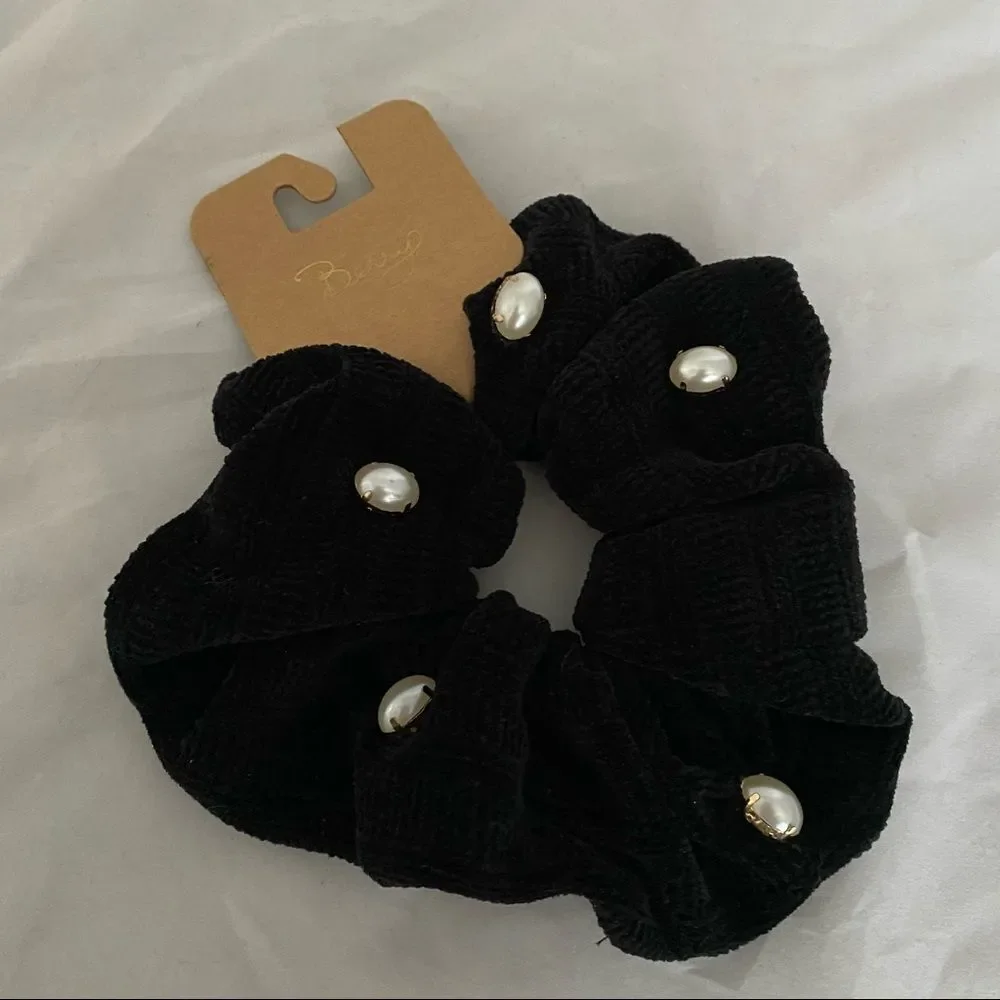 Berry Scrunchie Hair Tie Large Pearl Beaded Black Casual Neutral Trendy Accessor